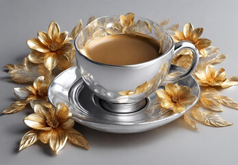 Coffee Elegance with Golden Leaf Accent, 
Golden Autumn Coffee Delight, 
Warmth of Coffee and Gilded Leaves