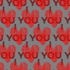 Seamless holiday pattern with hearts, lettering, Valentine's day, print for wallpaper, gift wrapping, birthday, fabric, wallpaper, bed linen, clothing, t-shirts, cups, holiday, decoration