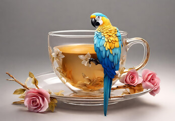 Serene Teatime with a Parrot, 
Teacup and Parrot A Relaxing Afternoon, 
Tea Break with a Feathered Friend