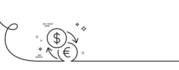 Currency exchange line icon. Continuous one line with curl. Dollar to Euro money sign. Convert currency symbol. Currency exchange single outline ribbon. Loop curve pattern. Vector