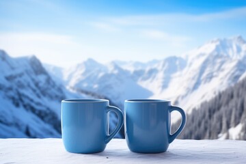Obraz premium Two cups of coffee and the snow capped mountain range