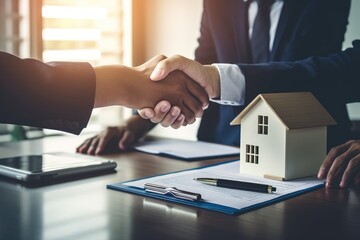 An estate agent shaking hands with a buyer after a successful deal.