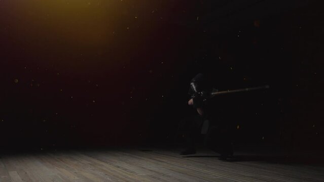 Kendo Warrior Practicing Sword Swings And Stances