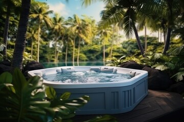 Fototapeta na wymiar A warm hot tub in a beautiful forest landscape