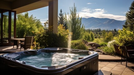 Luxury hot tub outdoor wiht mountain - obrazy, fototapety, plakaty