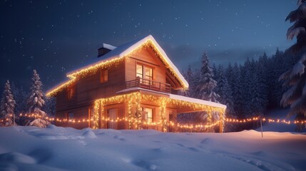 Modern wooden house in the mountain decorated Christmas illumination. Christmas and New Year holiday concept.