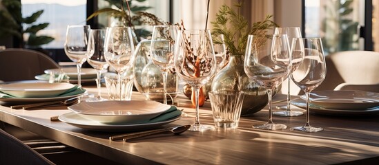 Elegant table setup with napkins and glassware in a trendy space