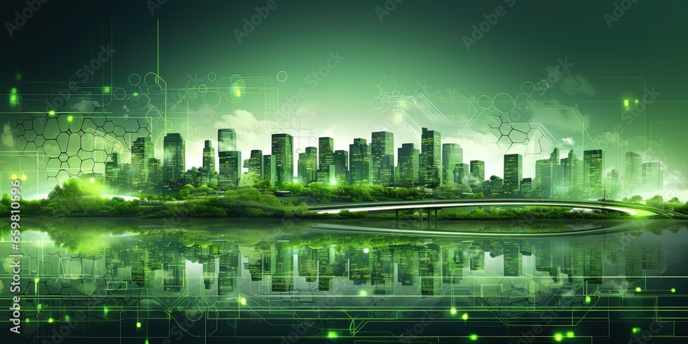 Wall mural Abstract background of green smart futuristic city. - Wall murals