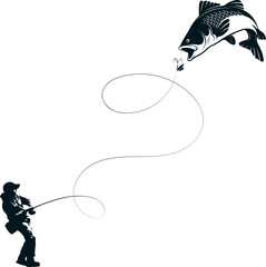 Fisherman with a fishing rod and a catch of big fish. Design for fishing and outdoor activities