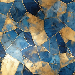 Seamless cracked shapes blue and yellow with golden elements background
