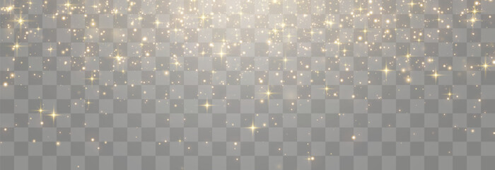Vector magical light dust, dusty shine. Flying particles of light. Christmas light effect. Sparkling particles of fairy dust glow in transparent background. Vector illustration on png - obrazy, fototapety, plakaty