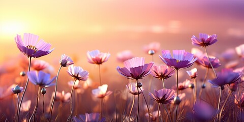 Beautiful colorful meadow of wild flowers floral background, landscape with purple pink flowers...