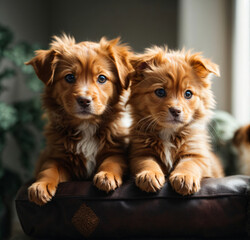 Two Adorable Red-haired Puppies, Posing for Camera, Isolated on White
