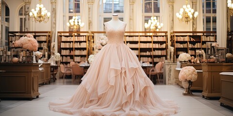 Beautiful stylish wedding dress, bridal dress hanging on mannequin in luxury boutique. Fashion look. Interior of bridal salon.