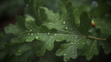green oak leaves with drops