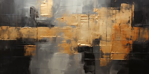 Closeup of abstract rough dark gold black art painting texture, with oil acrylic brushstroke, pallet knife paint on canvas, geometric spatula technique with rectangles - obrazy, fototapety, plakaty