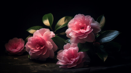 pink camellia flowers in a dark environment