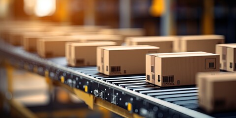 Closeup of multiple cardboard box packages seamlessly moving along a conveyor belt in a warehouse fulfillment center, a snapshot of e - commerce, delivery, automation, and products. - obrazy, fototapety, plakaty