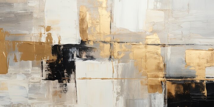 Closeup of abstract rough white gold black art painting texture, with oil acrylic brushstroke, pallet knife paint on canvas, geometric spatula technique with rectangles