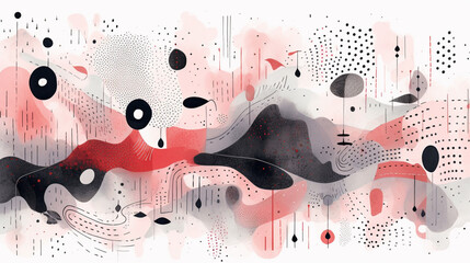 an abstract painting with light pink, red, and gray, lines and dot work, watercolor illustrations