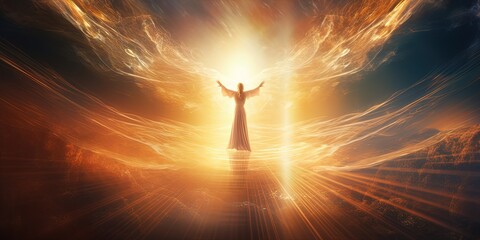 Glowing light flying angel in heaven. Religion spiritual faith mythology vibe - obrazy, fototapety, plakaty