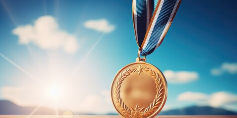 Gold medal hanging in the blue sky, winner against blue sky background copy space, sports, winning, achievement, game, sports business, success concept - obrazy, fototapety, plakaty
