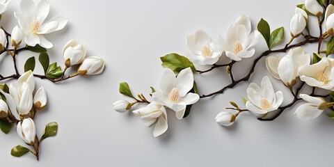 Fototapeta premium Magnolias flowers background banner panorama - Beautiful blooming white magnolia branch, isolated on gray background, top view