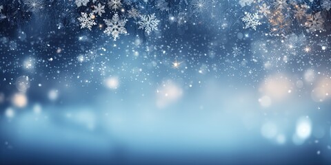Magical winter background with snow, snowflakes and soft bokeh lights on blue sky, cold backdrop...