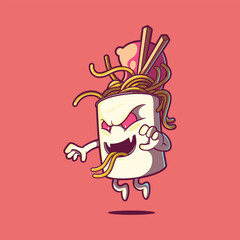 Ramen box take-away monster vector illustration. Food, delivery, funny design concept.