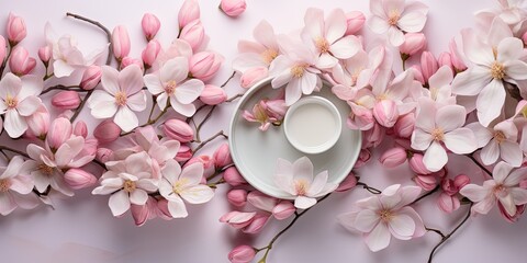 Magnolias flowers background banner panorama - Set collection collogae of beautiful blooming magnolia branch on a bowl, top view