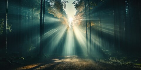 Mist fog magic dark forest. WIth sun ray going through trees. Adventure explore spooky scary mood.