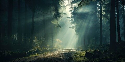 Mist fog magic dark forest. WIth sun ray going through trees. Adventure explore spooky scary mood.