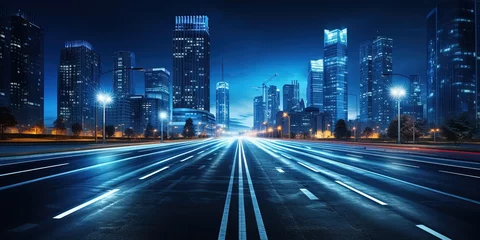 Poster Im Rahmen Road in city with skyscrapers and car traffic light trails. infrastructure and transportation background © Влада Яковенко