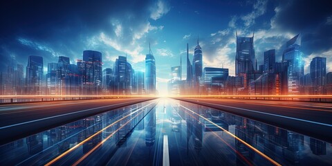 Fototapeta premium Road in city with skyscrapers and car traffic light trails. banner of infrastructure and transportation
