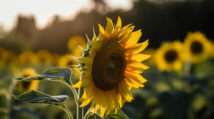morning time, closeup sunflower vire in a field