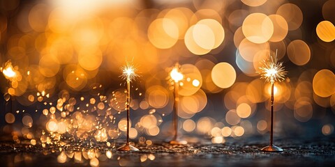 New Year's Eve 2024 party event celebration holiday greeting card - Closeup of sparkling sparklers and bokeh lights in the background