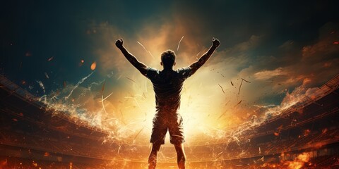Silhouette of a racer celebrating victory in the race against the background of bright stadium lights - obrazy, fototapety, plakaty