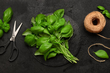 Board with fresh green basil, string and scissors on black background