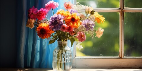 Vase with water and bouquet of colorful flowers on house window