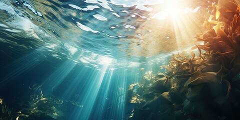Water wave texture underwater with sunrays - obrazy, fototapety, plakaty