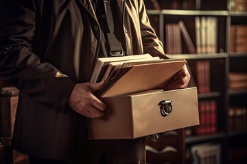 Close up male holding box with case files in office