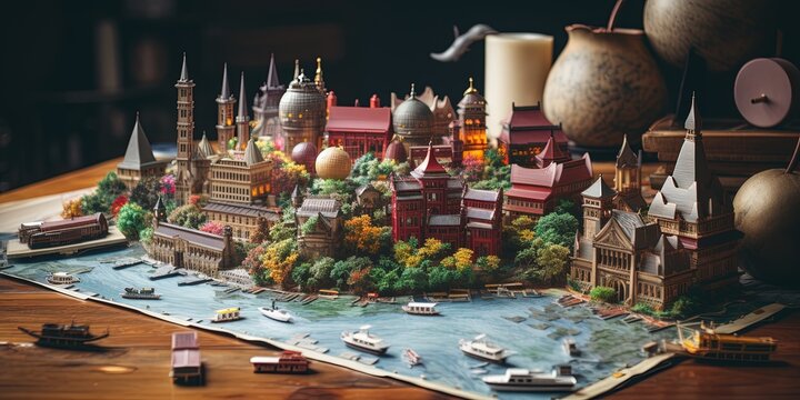 Travel photos of different landmarks and tourism destinations on table