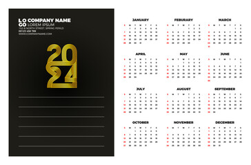 Calendar 2024 template vector. simple minimal design. Planner 2024 year. Wall calendar 2024 year. - obrazy, fototapety, plakaty