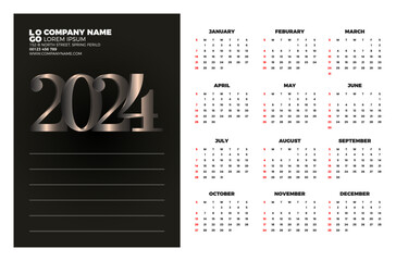 Calendar 2024 template vector. simple minimal design. Planner 2024 year. Wall calendar 2024 year.