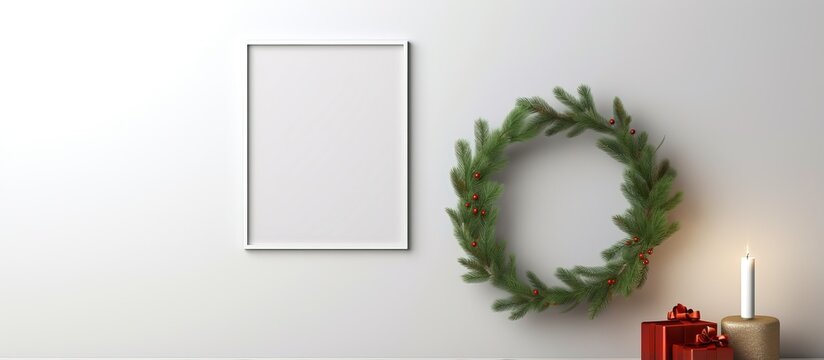 Empty photo frame and simple Christmas wreath on wall