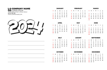 Calendar 2024 template vector. simple minimal design. Planner 2024 year. Wall calendar 2024 year.