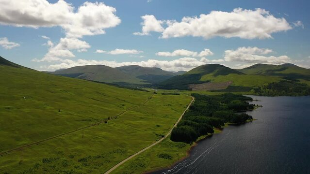 Scottish Highlands, Aerial View Over Loch Tulla Near Glencoe In Scotland, United Kingdom. Scottish landscape, lochs and mountains.