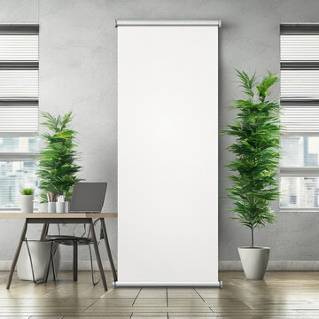 A Blank white standee in office wall mockup Generative AI