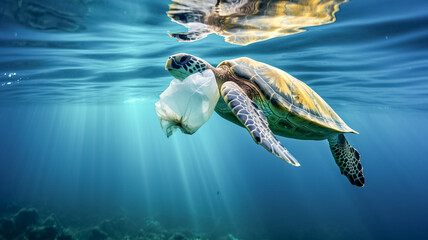 Wild sea turtle in transparent plastic bag swimming underwater representing concept of environmental pollution. - obrazy, fototapety, plakaty