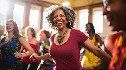 Joyful woman dancing in a group, expressing happiness and vitality. - obrazy, fototapety, plakaty